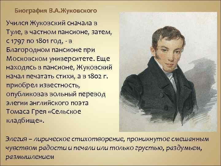 Биография В. А. Жуковского Учился Жуковский сначала в Туле, в частном пансионе, затем, с