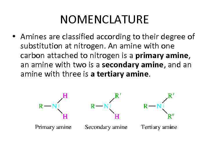 NOMENCLATURE • Amines are classified according to their degree of substitution at nitrogen. An