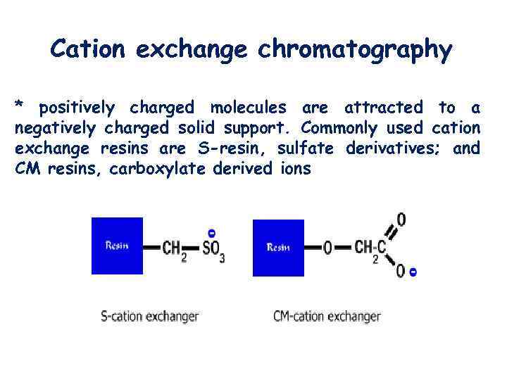 Cation exchange chromatography * positively charged molecules are attracted to a negatively charged solid