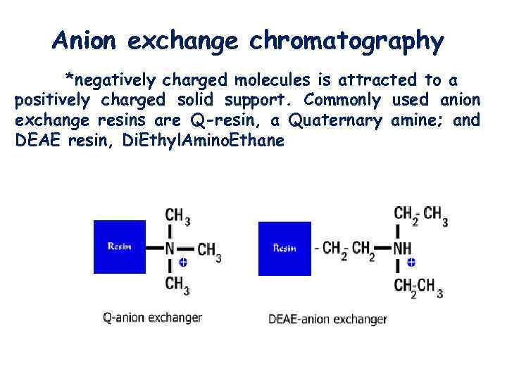 Anion exchange chromatography *negatively charged molecules is attracted to a positively charged solid support.