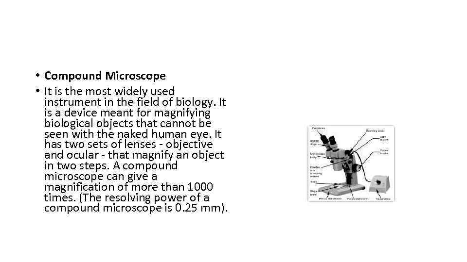  • Compound Microscope • It is the most widely used instrument in the