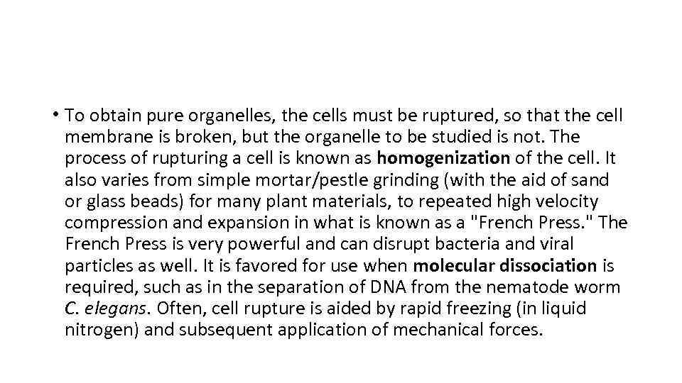  • To obtain pure organelles, the cells must be ruptured, so that the