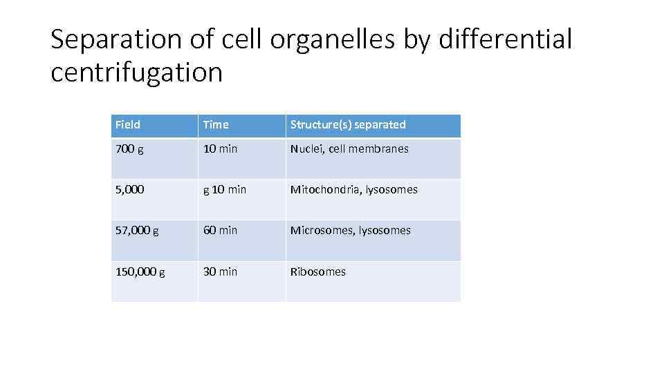 Separation of cell organelles by differential centrifugation Field Time Structure(s) separated 700 g 10