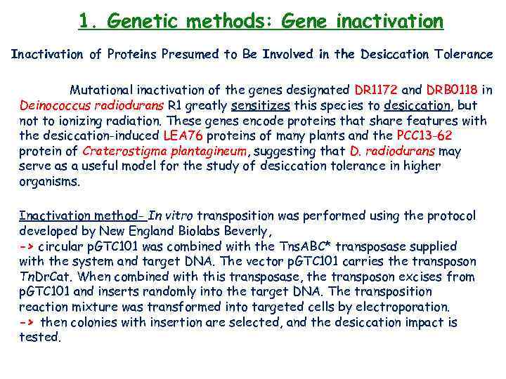 1. Genetic methods: Gene inactivation Inactivation of Proteins Presumed to Be Involved in the