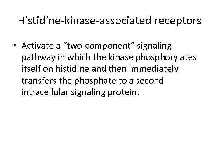 Histidine-kinase-associated receptors • Activate a “two-component” signaling pathway in which the kinase phosphorylates itself