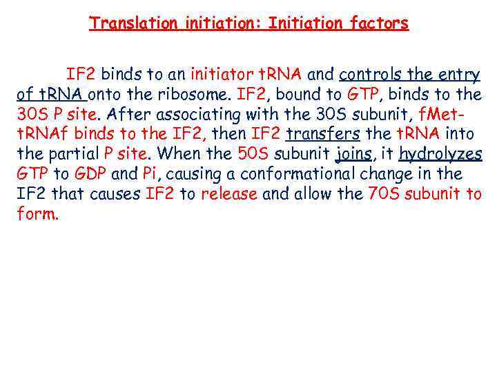 Translation initiation: Initiation factors IF 2 binds to an initiator t. RNA and controls