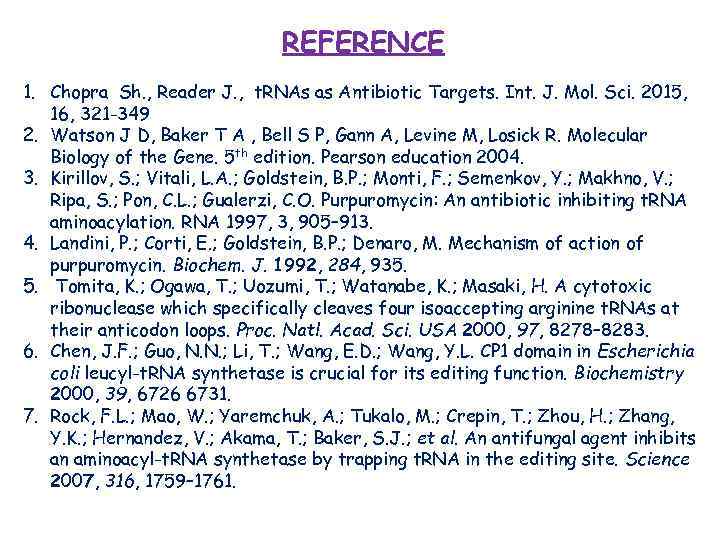 REFERENCE 1. Chopra Sh. , Reader J. , t. RNAs as Antibiotic Targets. Int.