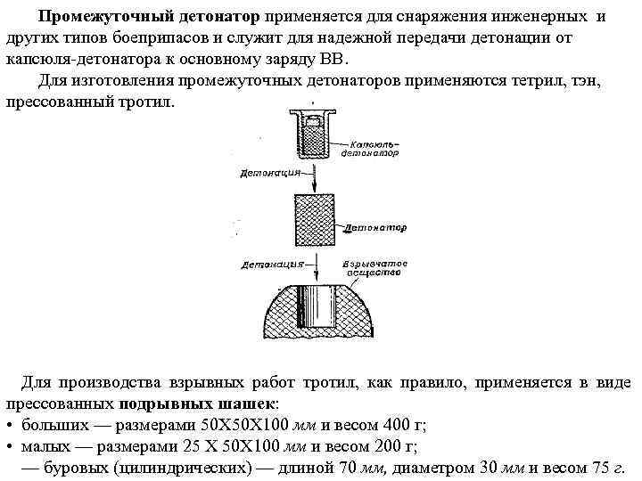 Промежуточный детонатор применяется для снаряжения инженерных и других типов боеприпасов и служит для надежной