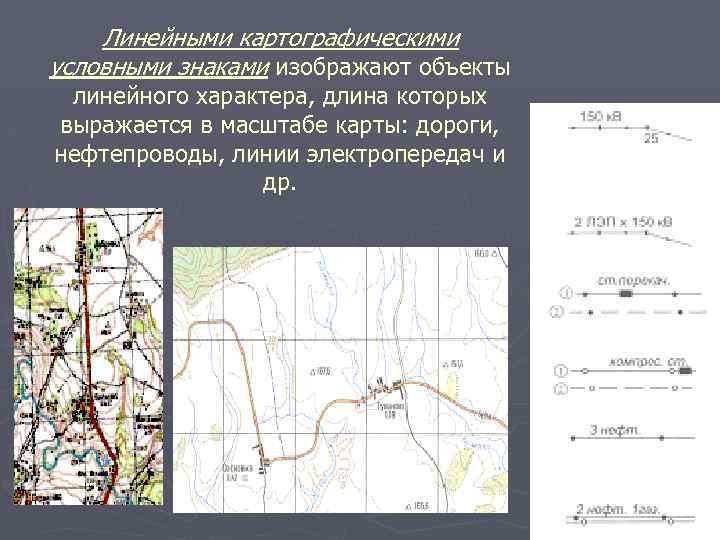 Линейными картографическими условными знаками изображают объекты линейного характера, длина которых выражается в масштабе карты: