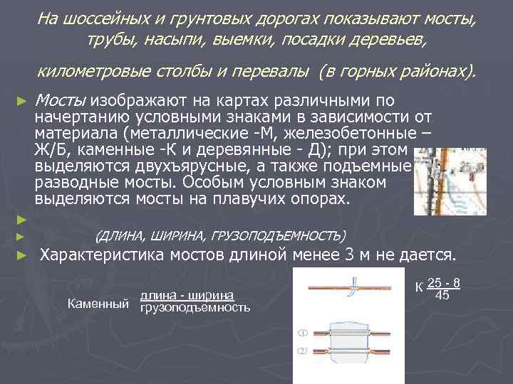 На шоссейных и грунтовых дорогах показывают мосты, трубы, насыпи, выемки, посадки деревьев, километровые столбы