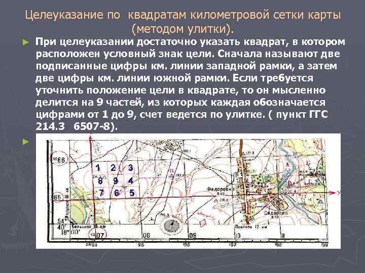 Целеуказание по квадратам километровой сетки карты (методом улитки). ► При целеуказании достаточно указать квадрат,