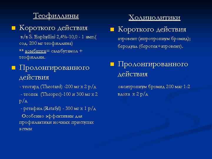 n Теофиллины Короткого действия n в/в S. Euphyllini 2, 4%-10, 0 - 1 амп.