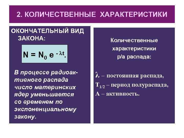 2. КОЛИЧЕСТВЕННЫЕ ХАРАКТЕРИСТИКИ ОКОНЧАТЕЛЬНЫЙ ВИД ЗАКОНА: N = N 0 e - t. В