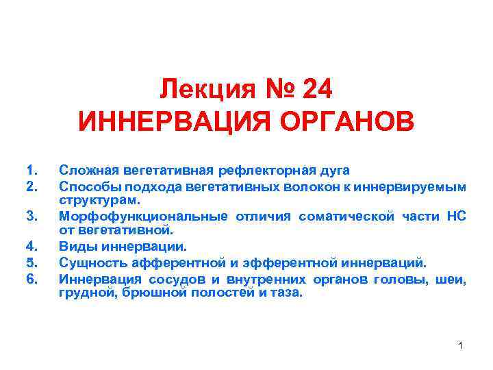 Лекция № 24 ИННЕРВАЦИЯ ОРГАНОВ 1. 2. 3. 4. 5. 6. Сложная вегетативная рефлекторная