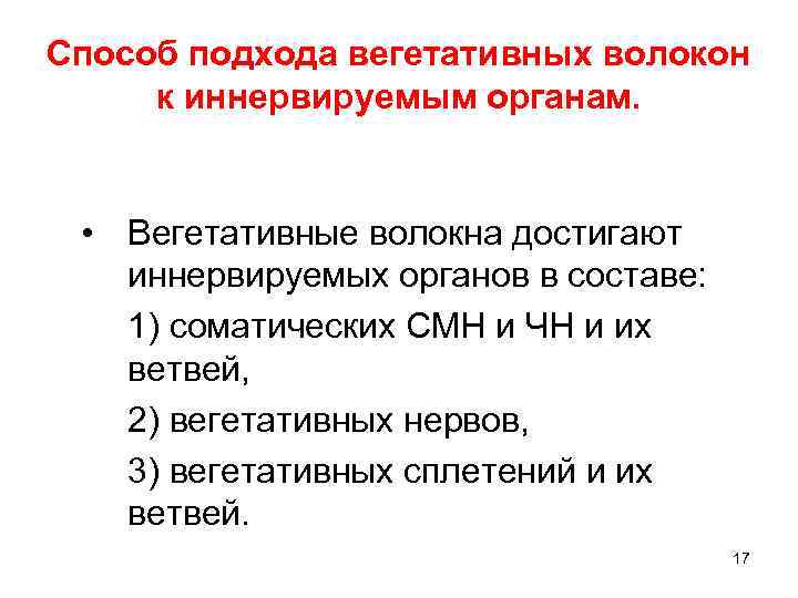 Способ подхода вегетативных волокон к иннервируемым органам. • Вегетативные волокна достигают иннервируемых органов в