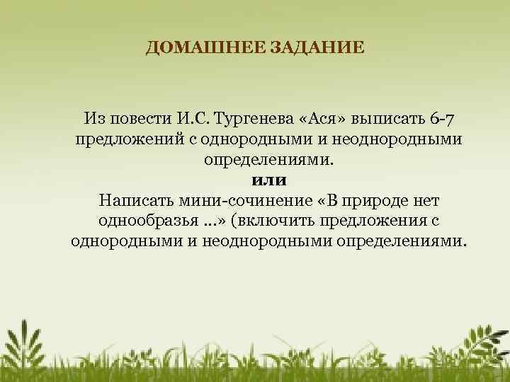 ДОМАШНЕЕ ЗАДАНИЕ Из повести И. С. Тургенева «Ася» выписать 6 -7 предложений с однородными