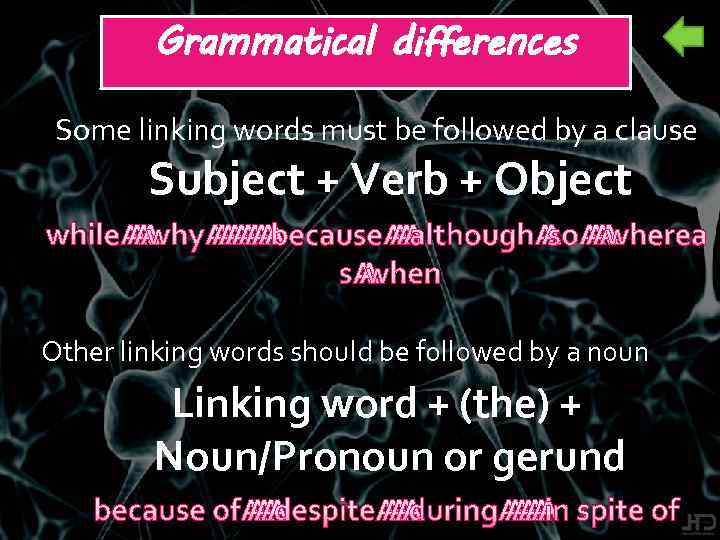 Grammatical differences Some linking words must be followed by a clause Subject + Verb