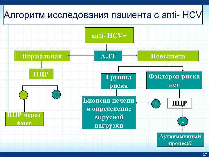 Алгоритм исследования пациента с anti- HCV+ Нормальная ПЦР через 6 мес АЛТ Группы риска