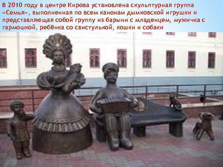 В 2010 году в центре Кирова установлена скульптурная группа «Семья» , выполненная по всем