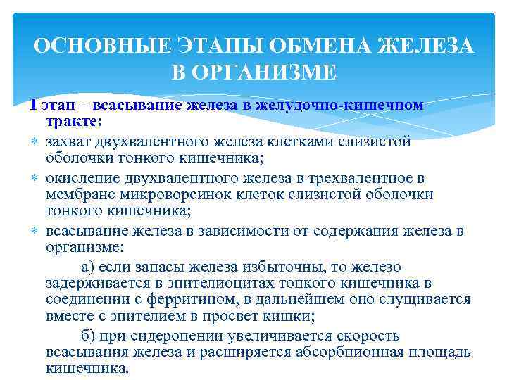 ОСНОВНЫЕ ЭТАПЫ ОБМЕНА ЖЕЛЕЗА В ОРГАНИЗМЕ I этап – всасывание железа в желудочно-кишечном тракте:
