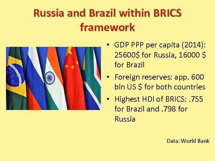 Russia and Brazil within BRICS framework • GDP PPP per capita (2014): 25600$ for