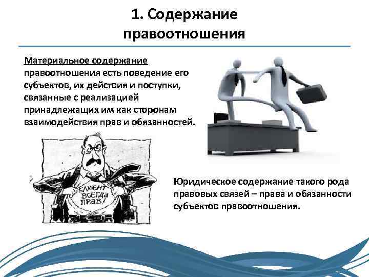 1. Содержание правоотношения Материальное содержание правоотношения есть поведение его субъектов, их действия и поступки,