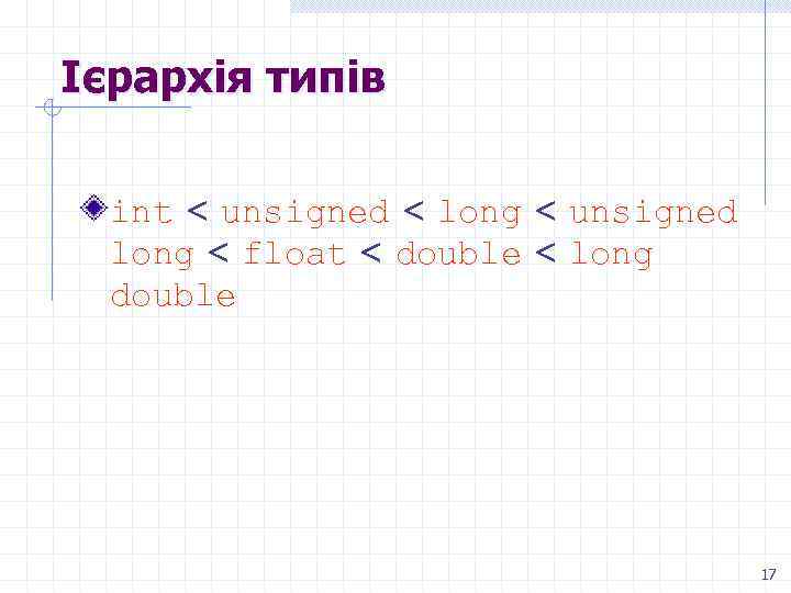 Ієрархія типів int < unsigned < long < unsigned long < float < double