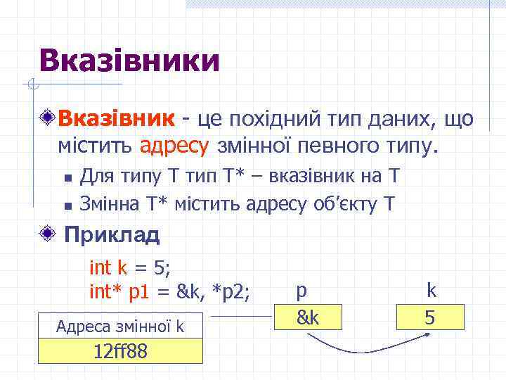 Вказівники Вказівник - це похідний тип даних, що містить адресу змінної певного типу. n