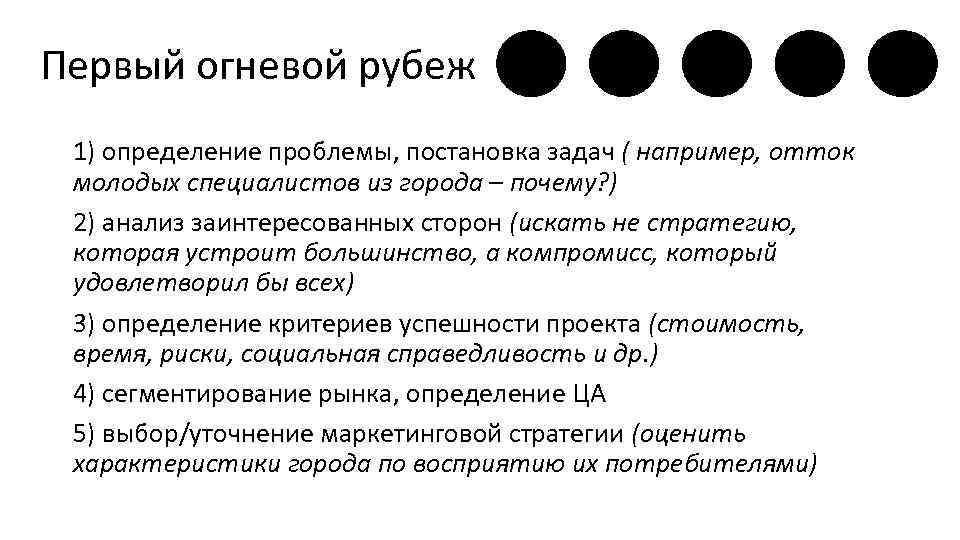 Первый огневой рубеж 1) определение проблемы, постановка задач ( например, отток молодых специалистов из