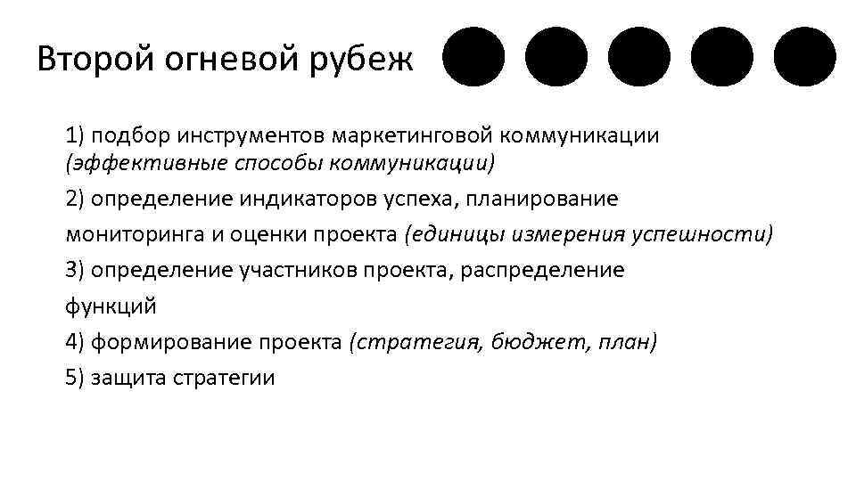 Второй огневой рубеж 1) подбор инструментов маркетинговой коммуникации (эффективные способы коммуникации) 2) определение индикаторов