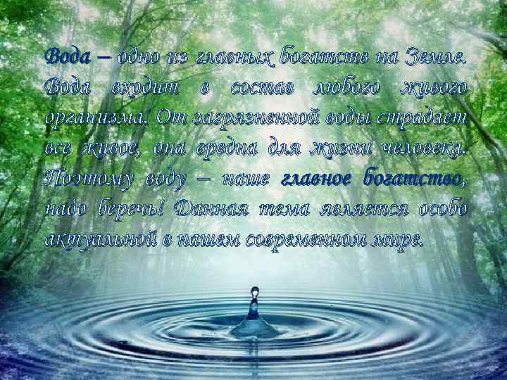 Вода – одно из главных богатств на Земле. Вода входит в состав любого живого