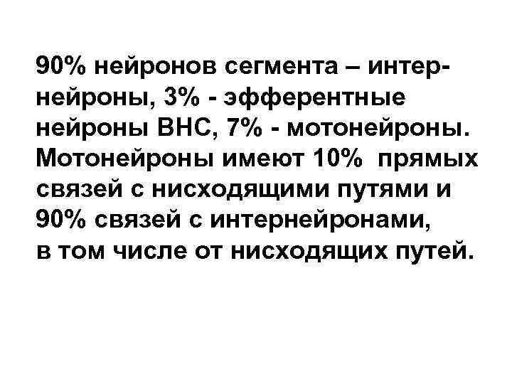 90% нейронов сегмента – интернейроны, 3% - эфферентные нейроны ВНС, 7% - мотонейроны. Мотонейроны