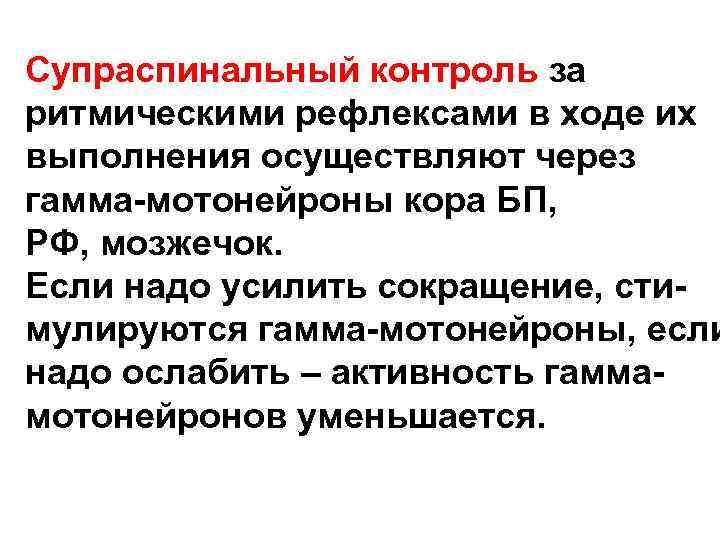 Супраспинальный контроль за ритмическими рефлексами в ходе их выполнения осуществляют через гамма-мотонейроны кора БП,