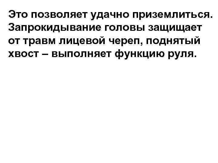 Это позволяет удачно приземлиться. Запрокидывание головы защищает от травм лицевой череп, поднятый хвост –