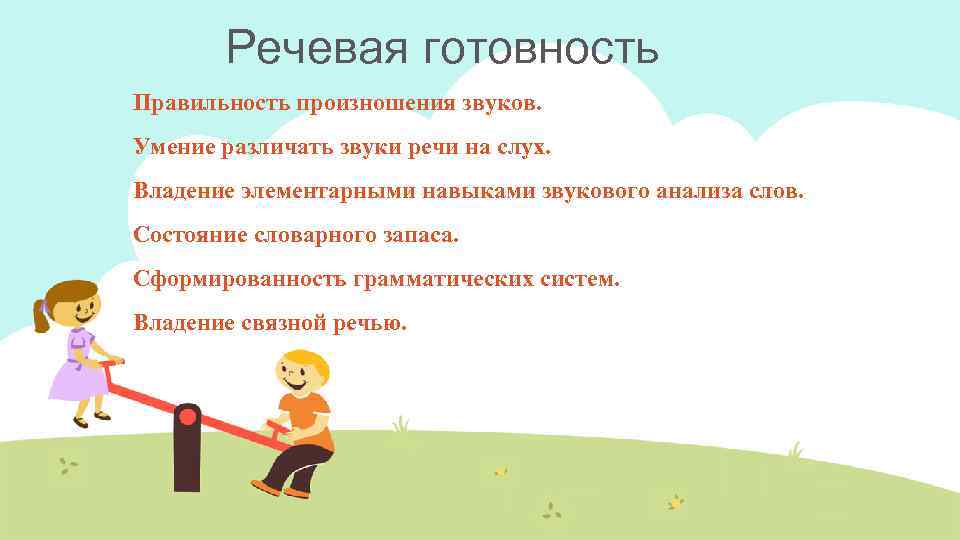 Речевая готовность Правильность произношения звуков. Умение различать звуки речи на слух. Владение элементарными навыками