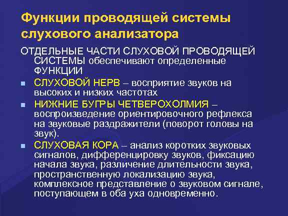 Функции проводящей системы слухового анализатора ОТДЕЛЬНЫЕ ЧАСТИ СЛУХОВОЙ ПРОВОДЯЩЕЙ СИСТЕМЫ обеспечивают определенные ФУНКЦИИ СЛУХОВОЙ