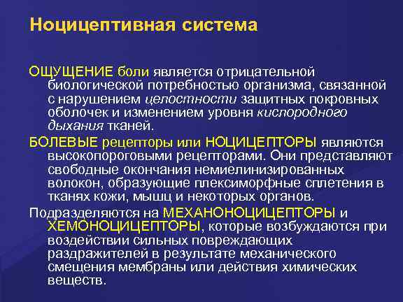 Ноцицептивная система ОЩУЩЕНИЕ боли является отрицательной биологической потребностью организма, связанной с нарушением целостности защитных