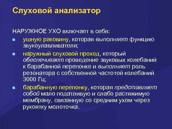 Слуховой анализатор НАРУЖНОЕ УХО включает в себя: ушную раковину, которая выполняет функцию звукоулавливателя; наружный