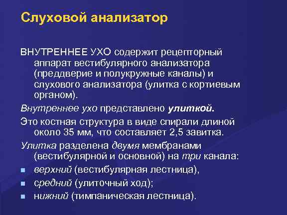Слуховой анализатор ВНУТРЕННЕЕ УХО содержит рецепторный аппарат вестибулярного анализатора (преддверие и полукружные каналы) и