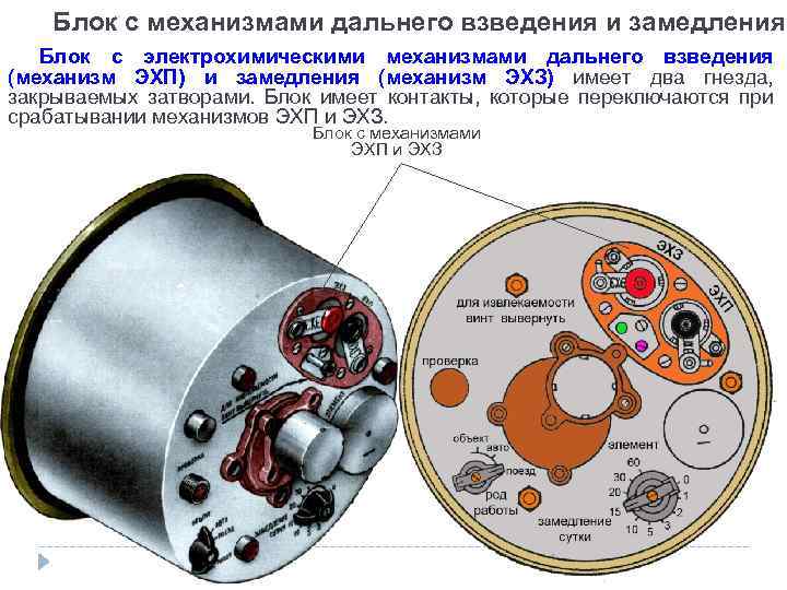 Блок с механизмами дальнего взведения и замедления Блок с электрохимическими механизмами дальнего взведения (механизм