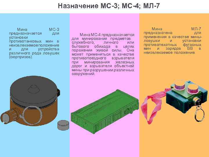 Назначение МC-3; МС-4; МЛ-7 Мина МС-3 предназначается для установки противотанковых мин в неизвлекаемое положение