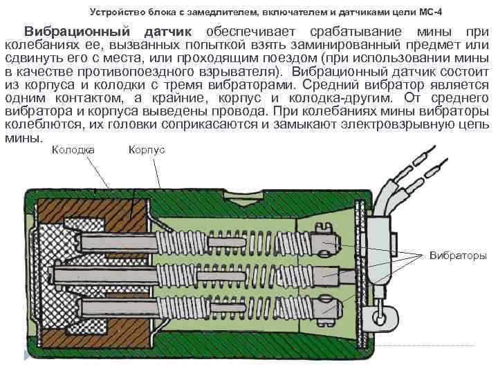 Устройство блока с замедлителем, включателем и датчиками цели МС-4 Вибрационный датчик обеспечивает срабатывание мины