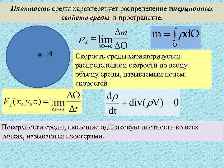 Плотность среды характеризует распределение инерционных свойств среды в пространстве. A Скорость среды характеризуется распределением