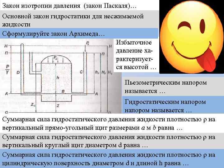 Закон изотропии давления (закон Паскаля)… Основной закон гидростатики для несжимаемой жидкости Сформулируйте закон Архимеда…