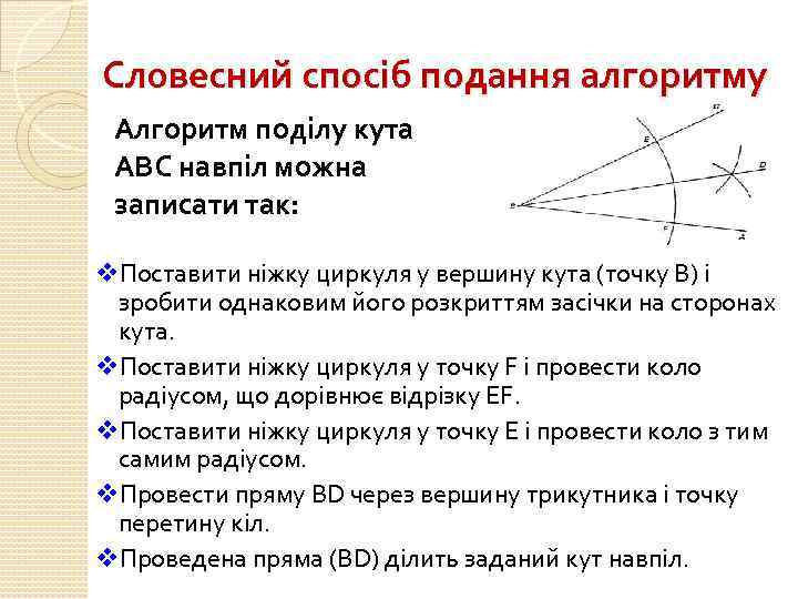 Словесний спосіб подання алгоритму Алгоритм поділу кута ABC навпіл можна записати так: v. Поставити