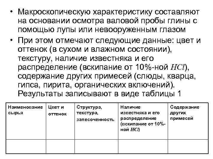  • Макроскопическую характеристику составляют на основании осмотра валовой пробы глины с помощью лупы