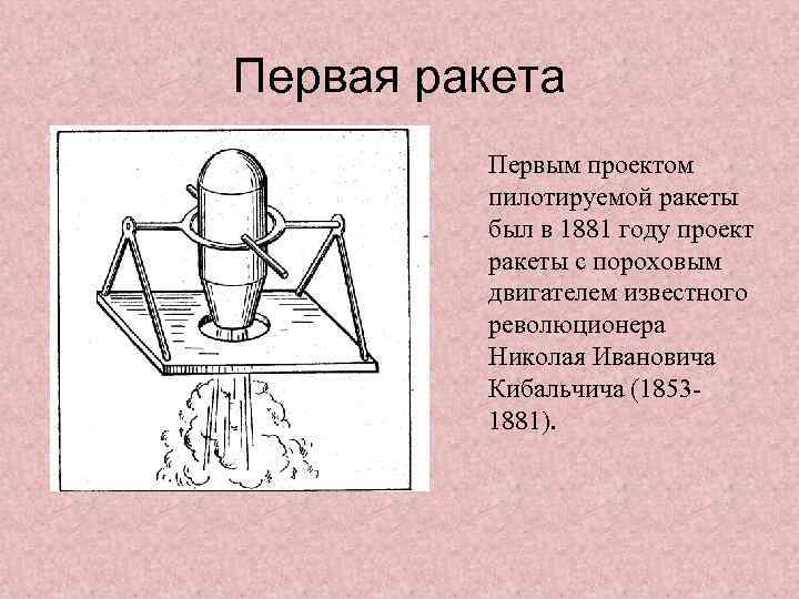 Первая ракета Первым проектом пилотируемой ракеты был в 1881 году проект ракеты с пороховым