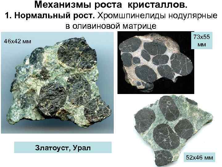 Механизмы роста кристаллов. 1. Нормальный рост. Хромшпинелиды нодулярные в оливиновой матрице 73 х55 мм