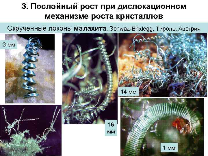 3. Послойный рост при дислокационном механизме роста кристаллов Скрученные локоны малахита. Schwaz-Brixlegg, Тироль, Австрия
