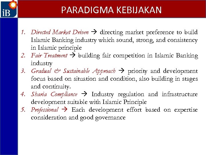 PARADIGMA KEBIJAKAN 1. Directed Market Driven directing market preference to build Islamic Banking industry